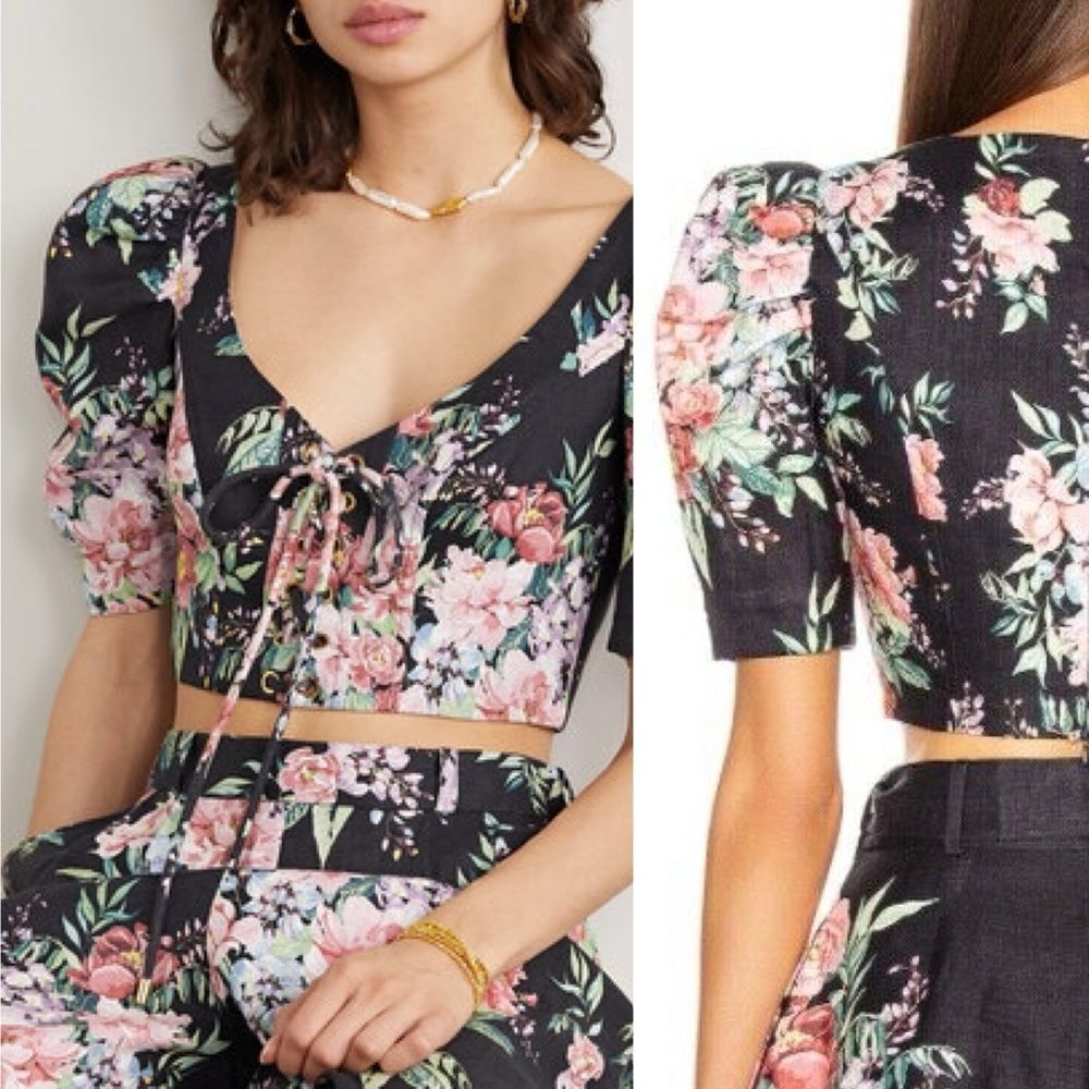 ZIMMERMANN Bellitude Floral Linen Lace-Up Crop Top Size 0 US 4 Blouse